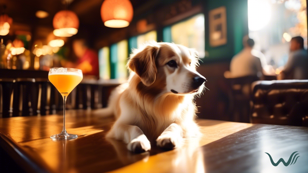 Sunlit patio at a pet-friendly pub with a colorful cocktail and a wagging tail, creating a cozy and welcoming atmosphere for furry friends