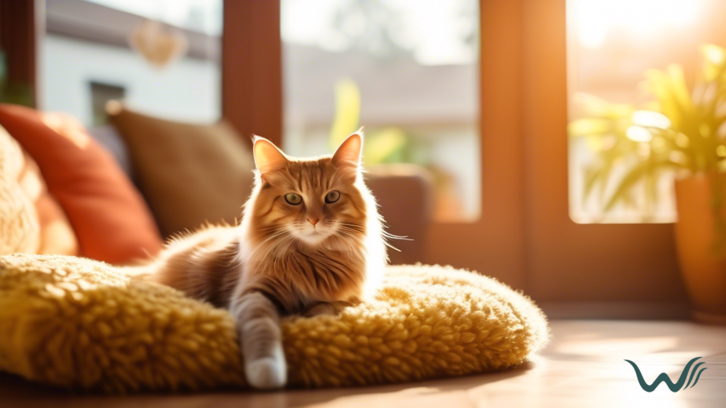 Cozy living room with sunlit window, scratching post, and a cat lounging on a comfortable couch, showcasing a pet-friendly rental space for cat owners