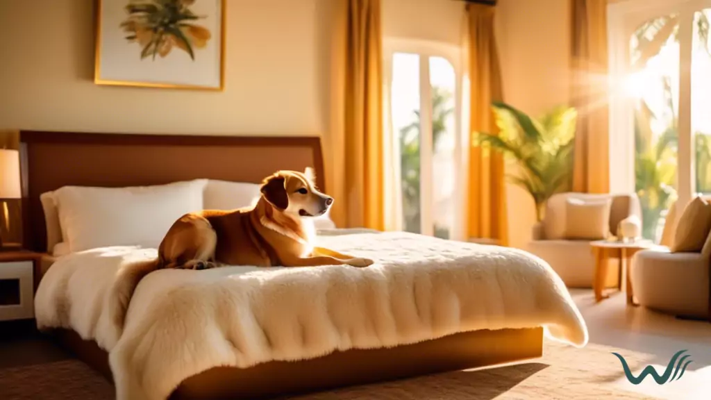 Pet-friendly resort suite with a furry friend lounging on a plush bed, bathed in golden sunlight from large windows