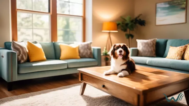 Cozy living room in a pet-friendly vacation rental with bright natural light, comfortable couch, fluffy pillows, and a welcoming atmosphere