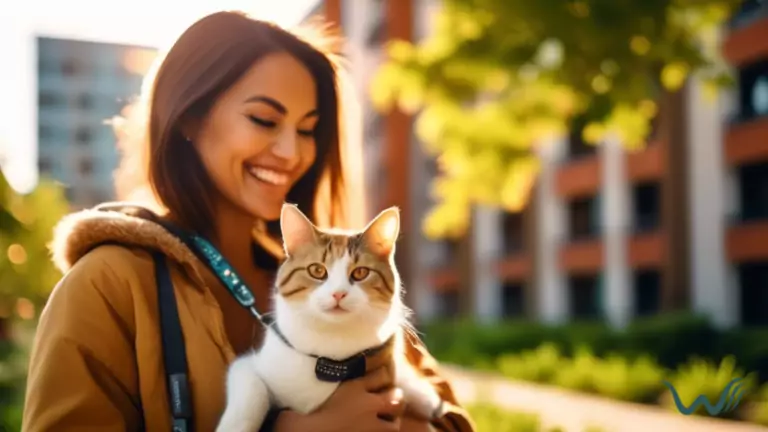 A person smiling while holding a cat on a leash outside a modern apartment complex on a sunny day