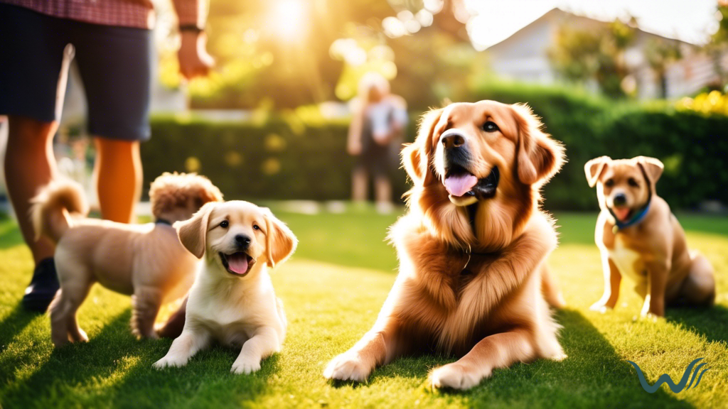 A sunny backyard scene with a family playing with 10 popular dog breeds: Golden Retriever, Labrador Retriever, German Shepherd, French Bulldog, Beagle, Poodle, Boxer, Dachshund, Yorkshire Terrier, and Bulldog.