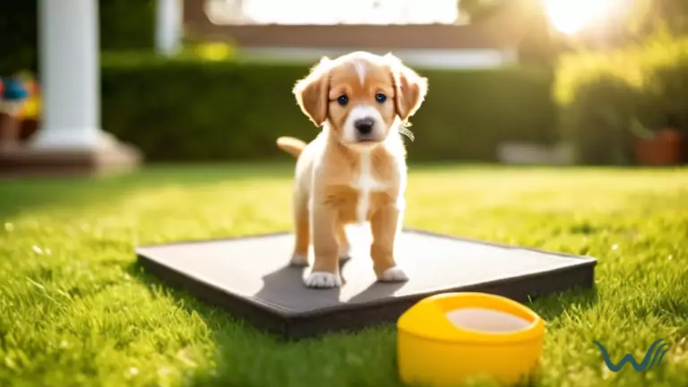 Adorable puppy in a sunny backyard sniffing around a designated potty area with a puppy training pad, showcasing effective potty training tips for housebreaking puppies