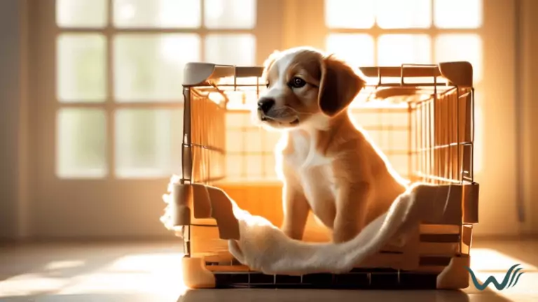 Step-by-Step Guide to Puppy Crate Training: A cheerful puppy joyfully exploring its crate during the housebreaking process, bathed in the warm morning sunlight.