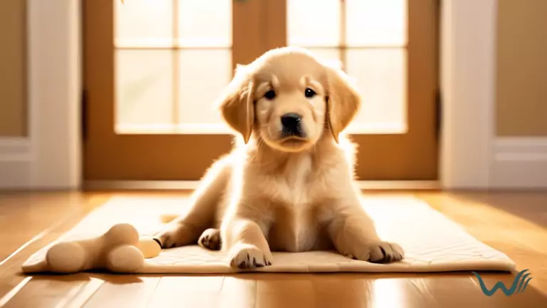 Adorable golden retriever puppy surrounded by puppy training pads, an open crate, and a chew toy on sunlit hardwood floor, creating a warm and inviting atmosphere for successful puppy house training.