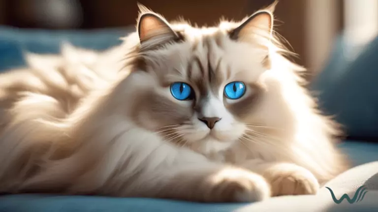 Serene Ragdoll cat with mesmerizing blue eyes peacefully lounging on a plush cushion in a sun-drenched room