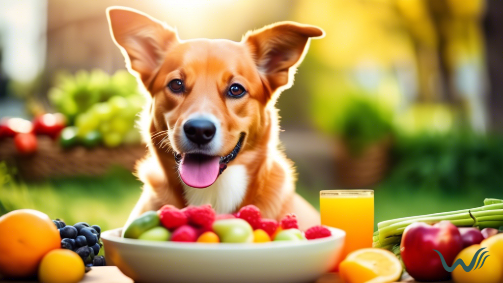 A happy dog enjoying a bowl of colorful raw fruits and vegetables outdoors in bright natural light, showcasing the freshness and vibrancy of a raw food diet for dogs