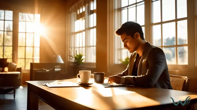 Person sitting at a desk in a sunlit room, filling out paperwork with a laptop and a cup of coffee nearby, renewing their ESA letter for apartment living.