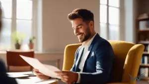 Person holding a new ESA letter while talking to a therapist in a bright, cozy office with natural light