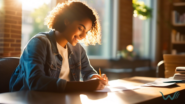 A college student sitting at a sunny desk, holding a renewed ESA letter, with bright natural light streaming in through a window, illuminating the room and highlighting the joy on their face.