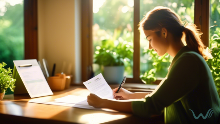 A person filling out paperwork at a sunlit desk with a view of a lush garden outside, showcasing the process of renewing an ESA letter for housing accommodations.