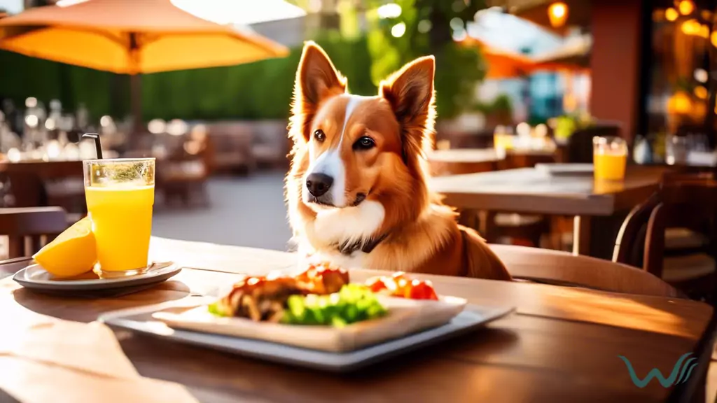 Outdoor patio of a restaurant with a happy dog sitting by a table, featuring a menu specifically for dogs, under bright natural light and vibrant colors and textures