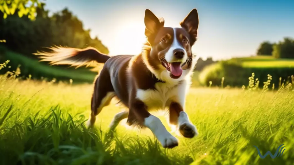 Alt text: A happy brown dog running through a lush green grassy field with a sparkling pond in the background and a clear blue sky above, illuminated by bright natural light.