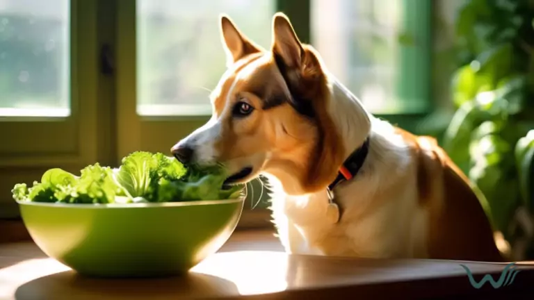 Senior dog enjoying a bowl of vibrant green leafy vegetables in soft morning sunlight