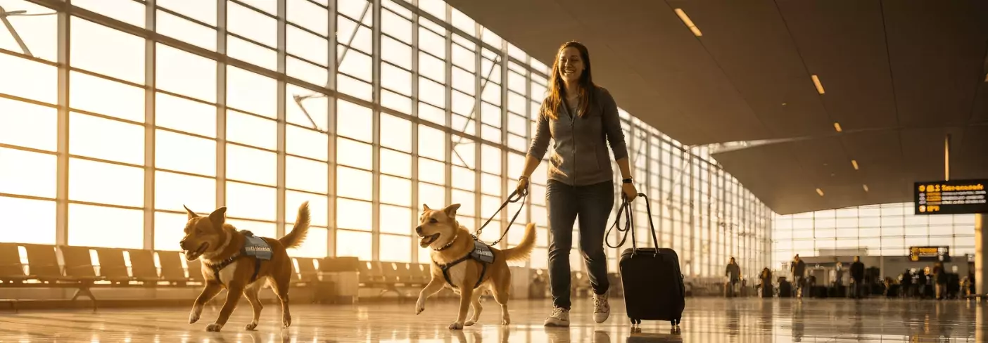 service dogs at airport with owner