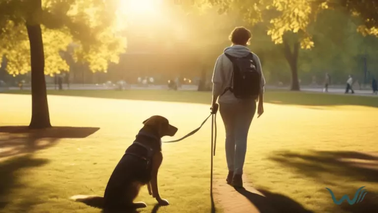 Service dog guiding a visually impaired person with bright sunlight in a serene park scene, contrasted with an emotional support animal providing solace to a person with anxiety in a soft glow of sunlight.