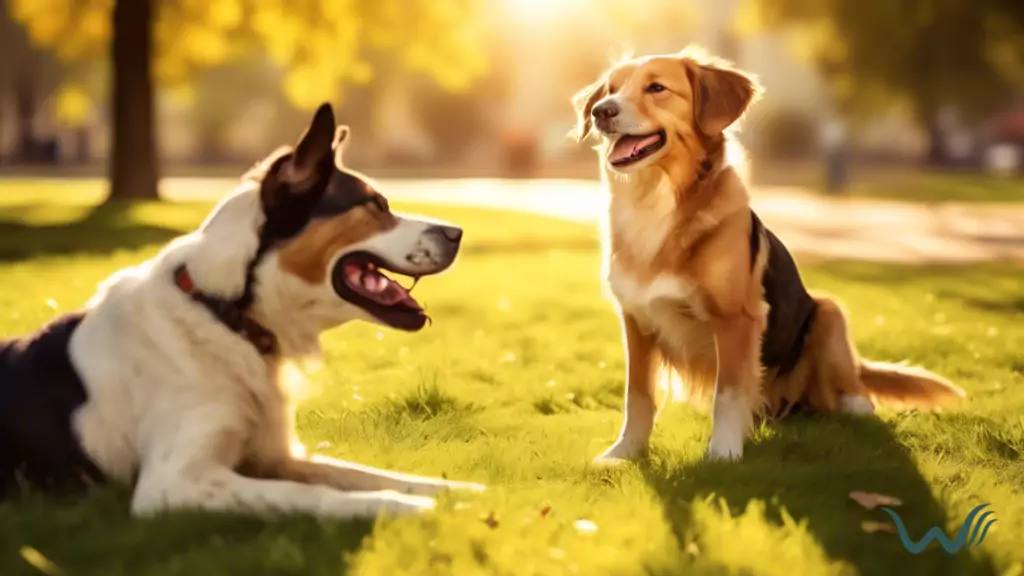 An adorable golden retriever happily playing with other dogs and their owners in a sunlit park, illustrating the importance of socializing your dog for their happiness and overall well-being.