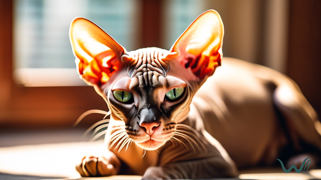 Close-up photo of a Sphynx cat basking in the sun, highlighting their hairless body and wrinkled skin in bright natural light