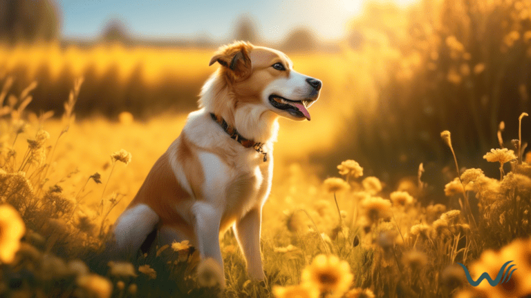 Mastering the Stay Command for Dogs: A well-trained canine basks in golden sunlight, flawlessly maintaining a 'stay' pose amidst vibrant flowers and a clear blue sky.