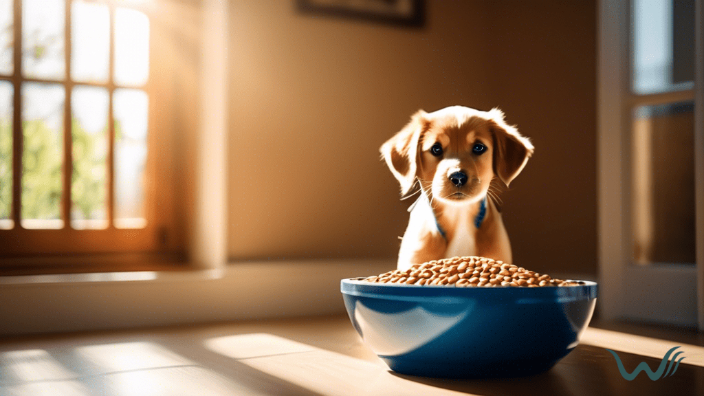 A close-up shot of a dog's bowl filled with high-quality dog food and a variety of supplements, bathed in bright natural light streaming through a nearby window.