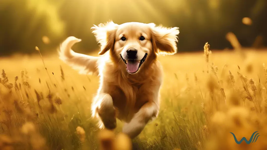 Golden retriever running towards the camera in a sunlit meadow, demonstrating effective techniques for teaching dogs to come when called