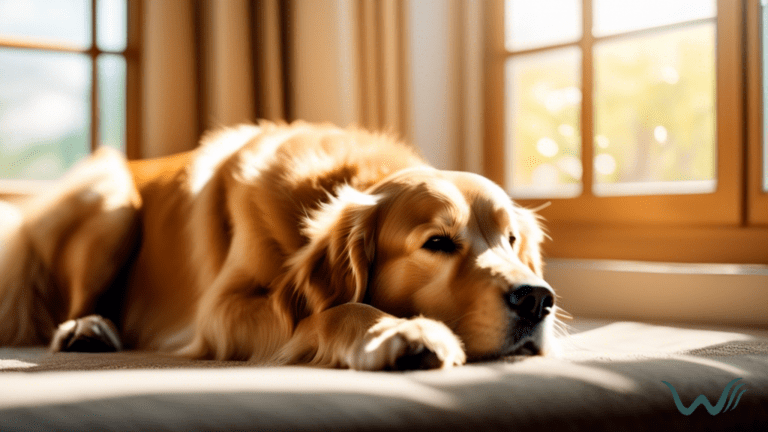 Golden retriever peacefully resting in a sunlit room, eyes closed and breathing steady
