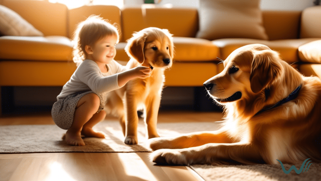 A golden retriever gently takes a treat from a child's hand in a sunlit living room, showcasing trust and love in its eyes, with a softly wagging tail.