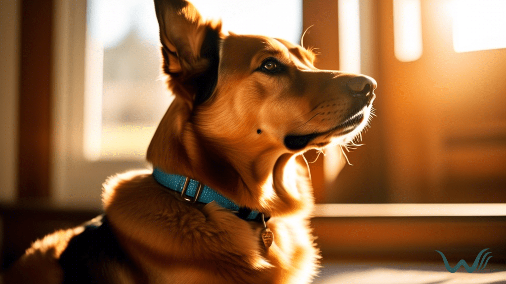 Alt text: A well-behaved dog sitting quietly in a sunlit room, looking content with ears perked up, as sunlight streams in through a window and casts a warm glow on its fur.