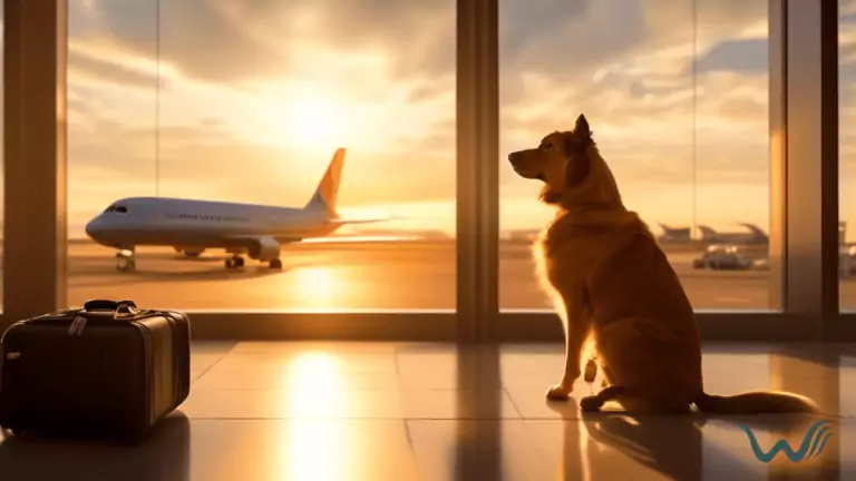 Alt text: Traveler and their emotional support animal enjoying a serene sunset moment at an airport, basking in the warm, golden rays of sunlight by a large window.