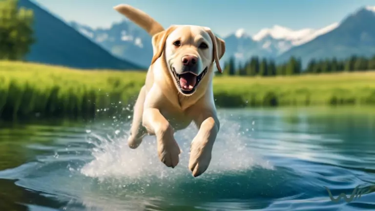 Labrador Retriever showcasing impressive mid-air leap into a crystal-clear blue lake, surrounded by glistening water droplets, against a backdrop of lush green meadow and majestic mountains.