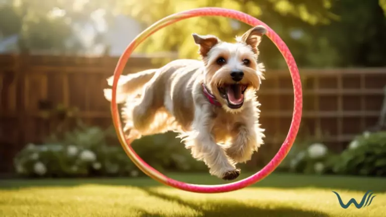Terrier showcasing its acrobatic talents by gracefully leaping through a hula hoop in a sun-drenched backyard