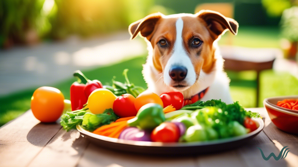 Happy and healthy dog enjoying a colorful plate of fresh vegetables outdoors in the sunshine