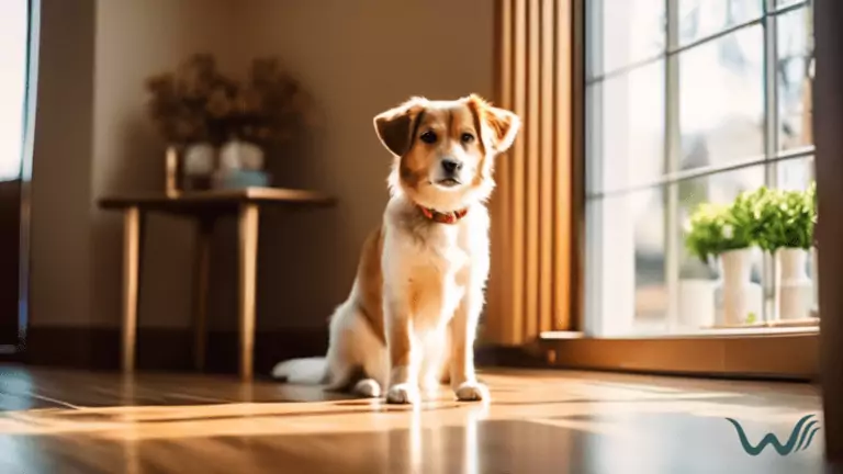 A well-behaved dog sitting calmly in a sunlit room, attentively focused on a treat on the ground in front of them.