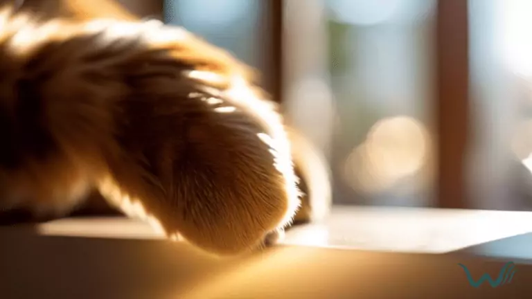 Close-up photo of a dog's paw with a visible blister, illuminated by bright natural sunlight filtering through a nearby window.