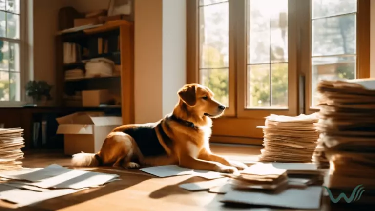 Stressed person sorting through paperwork in a sunny room with a concerned dog nearby, highlighting the consequences of not renewing an ESA letter.